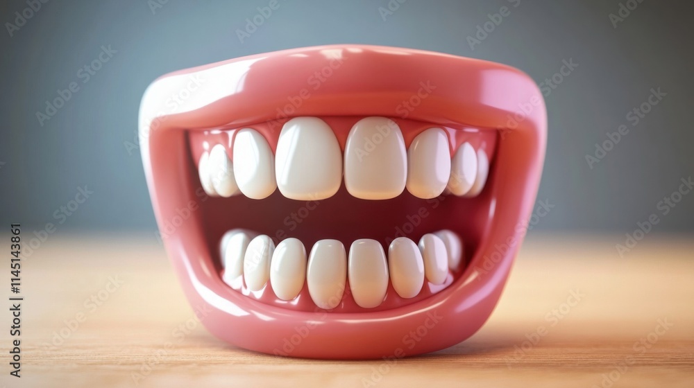 a pink toothbrush with white teeth on a table a pink toothbrush with white teeth on a table