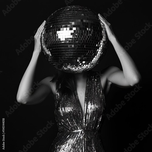 Woman in 60s Disco Dress Holding Disco Ball Head, Celebrating New Year