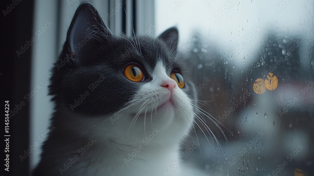 Black and white cat gazing through a rain-streaked window captured in soft moody lighting evoking a sense of quiet contemplation Black and white cat gazing through a rain-streaked window captured in soft moody lighting evoking a sense of quiet contemplation