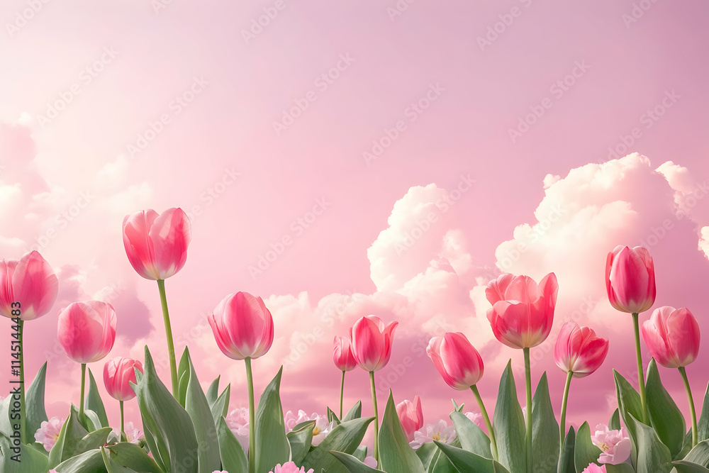Vibrant tulips sway gently amidst a soft pink sky, creating a tranquil spring atmosphere Vibrant tulips sway gently amidst a soft pink sky, creating a tranquil spring atmosphere