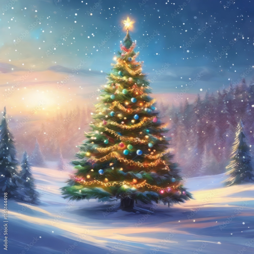 Majestic Christmas tree stands in serene snowy landscape, adorned with colorful lights, ornaments. Soft snowfall, glowing sunset create magical winter ambiance, for holiday promotion, festive themes. Majestic Christmas tree stands in serene snowy landscape, adorned with colorful lights, ornaments. Soft snowfall, glowing sunset create magical winter ambiance, for holiday promotion, festive themes.