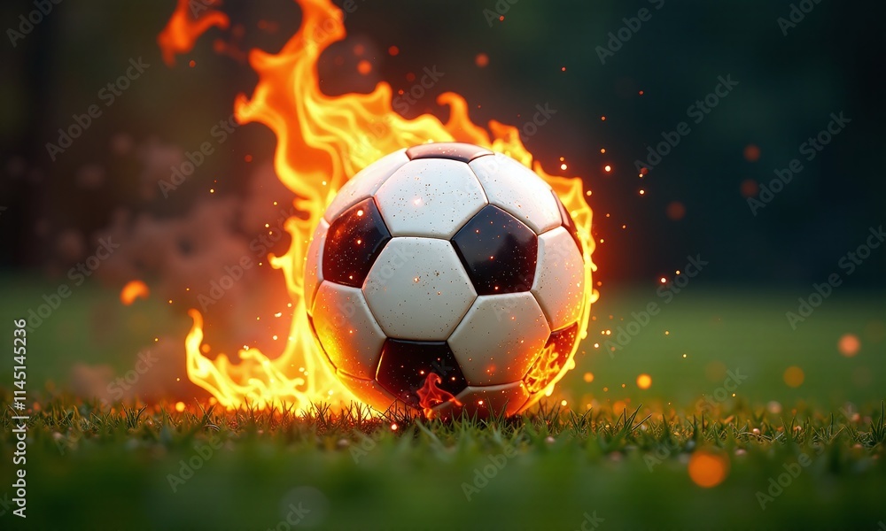Naklejka premium Soccer ball on fire flames rising glowing energy