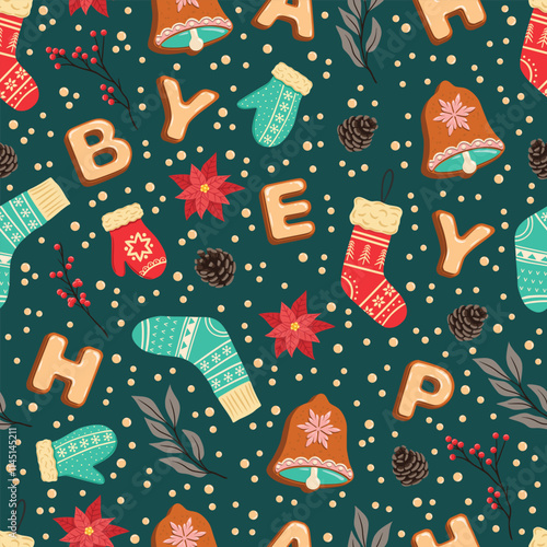 Seamless Christmas pattern. Holiday background with Christmas elements. Cartoon texture for fabric, wallpaper, wrapping paper.