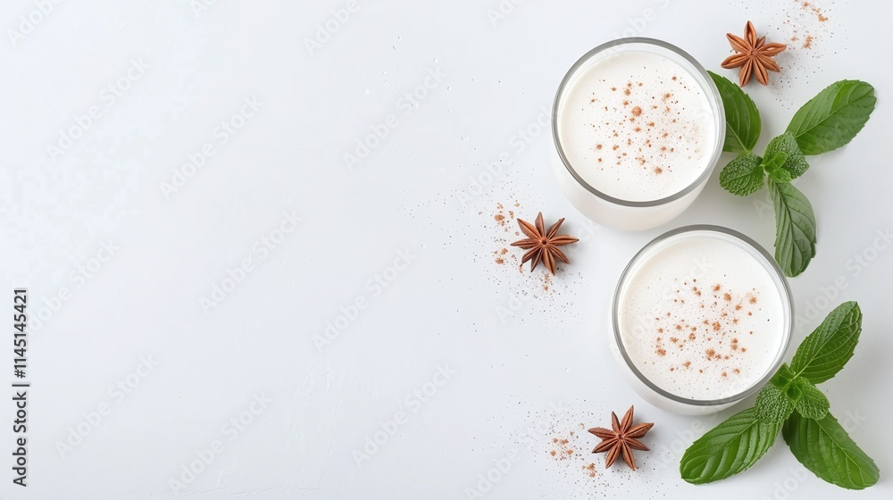 Two glasses of creamy spiced milk garnished with star anise, mint leaves, and cinnamon, flat lay beverage photography on a white background, minimalistic drink concept with copy space for text.
Two glasses of creamy spiced milk garnished with star anise, mint leaves, and cinnamon, flat lay beverage photography on a white background, minimalistic drink concept with copy space for text.