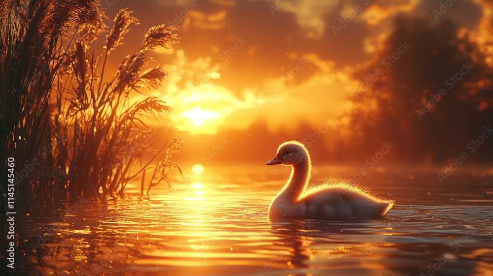 Fototapeta premium A baby swan floating on a calm lake surrounded by tall reeds under a golden sunset,