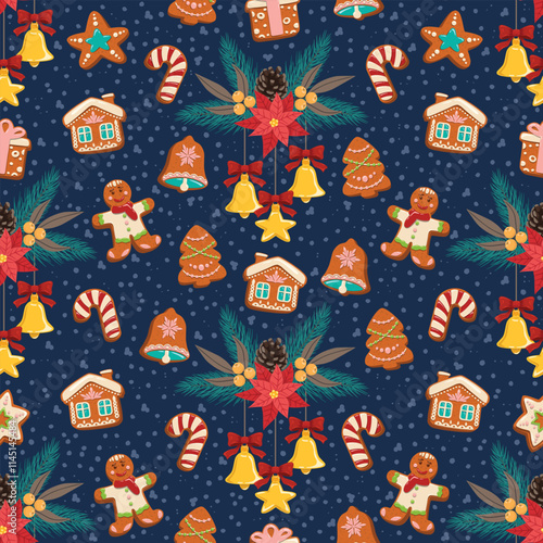 Seamless Christmas pattern. Holiday background with Christmas elements. Cartoon texture for fabric, wallpaper, wrapping paper.