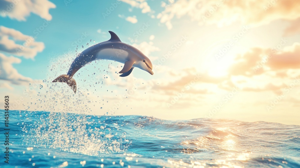 Obraz premium Dolphin leaping from ocean waves at sunset.