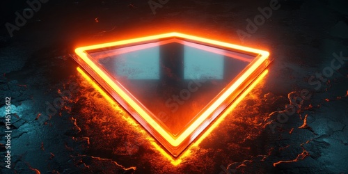 A double-layered diamond-shaped neon frame in electric orange and deep cyan, casting reflective highlights on a glossy black surface, with faint starburst details for an elegant futuristic design photo