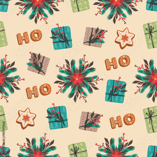 Seamless Christmas pattern. Holiday background with Christmas elements. Cartoon texture for fabric, wallpaper, wrapping paper.