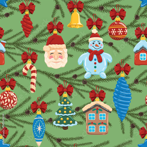 Seamless Christmas pattern. Holiday background with Christmas elements. Cartoon texture for fabric, wallpaper, wrapping paper.