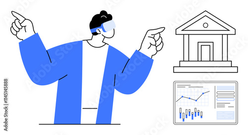 Person wearing a VR headset pointing towards a bank building and financial charts. Ideal for technology, finance, banking, virtual reality, data analysis, fintech, digital transformation. Line