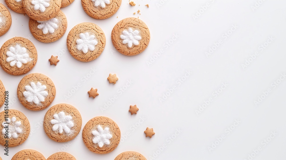 Decorative cookies with white icing shaped like flowers scattered on a white background, flat lay dessert photography, minimalistic sweet treat concept, bakery design with copy space for text.
Decorative cookies with white icing shaped like flowers scattered on a white background, flat lay dessert photography, minimalistic sweet treat concept, bakery design with copy space for text.
