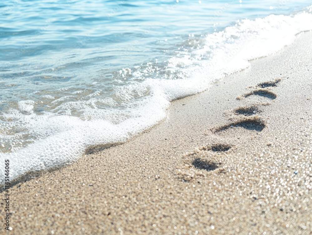 Footprints on a sandy beach beside gentle waves. Footprints on a sandy beach beside gentle waves.