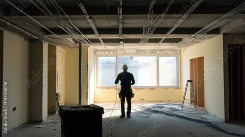 An electrician conducts wiring in a new building