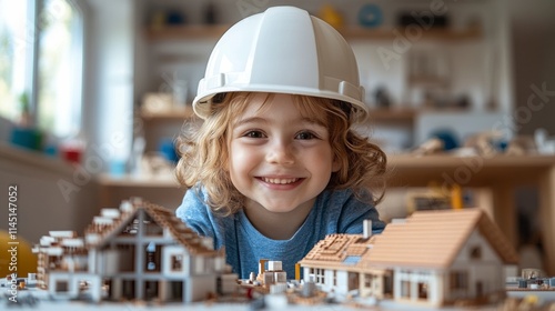 Un enfant souriant portant un casque de chantier blanc, assis à une table avec un modèle de maison miniature fait de minuscules briques et de tuiles de toit, conçu pour représenter la créativité 