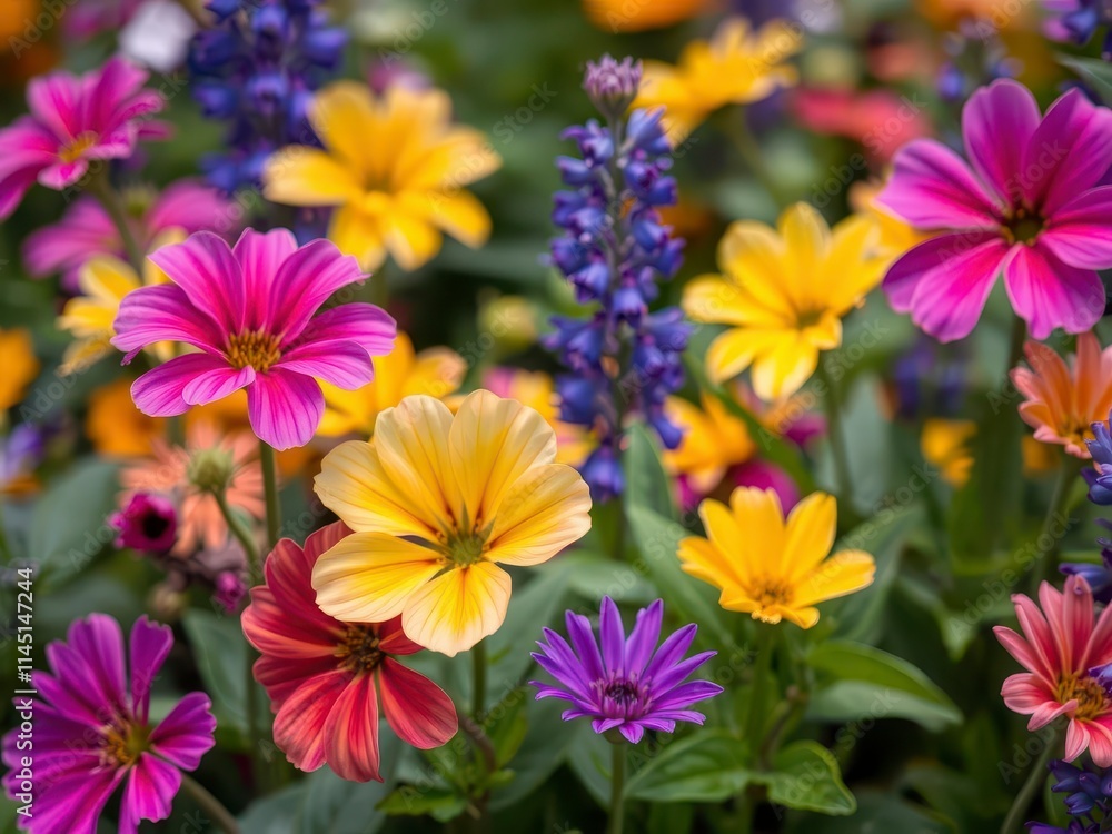 Fototapeta premium A close-up shot of vibrant purple flower petals and leaves in a garden setting, nature, garden, colorful