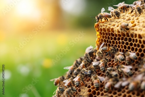 Bees gathering on honeycomb in a sunlit garden. photo