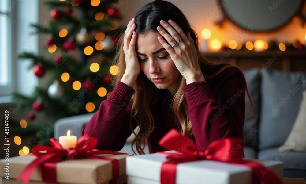 Holiday stress woman holding head Christmas presents red Holiday stress woman holding head Christmas presents red
