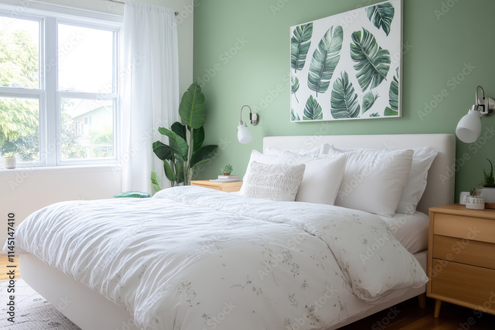 Bedroom with a green accent wall, white bedding, and natural wood furniture Bedroom with a green accent wall, white bedding, and natural wood furniture