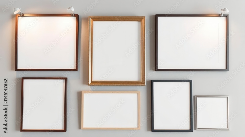 A mockup of a photo frame collage moodboard featuring various frames with different designs and sizes, wall decor, arrangement A mockup of a photo frame collage moodboard featuring various frames with different designs and sizes, wall decor, arrangement