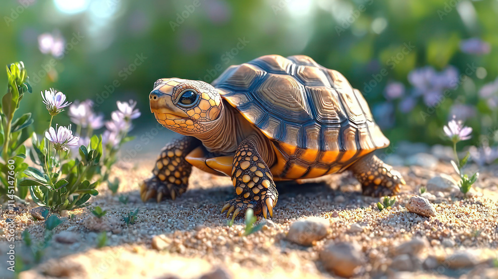 Obraz premium A charming baby tortoise crawling slowly on a sandy path, with small wildflowers nearby,