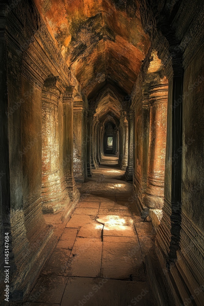 Fototapeta premium Ancient stone corridor, sunlight, weathered walls, columns.