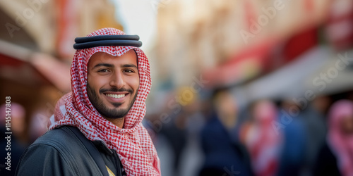 Portrait of young smiling arab man wearing in traditional thobe and red shemagh on market. Handsome person in outside looking at camera, blurred street background with copy space. photo