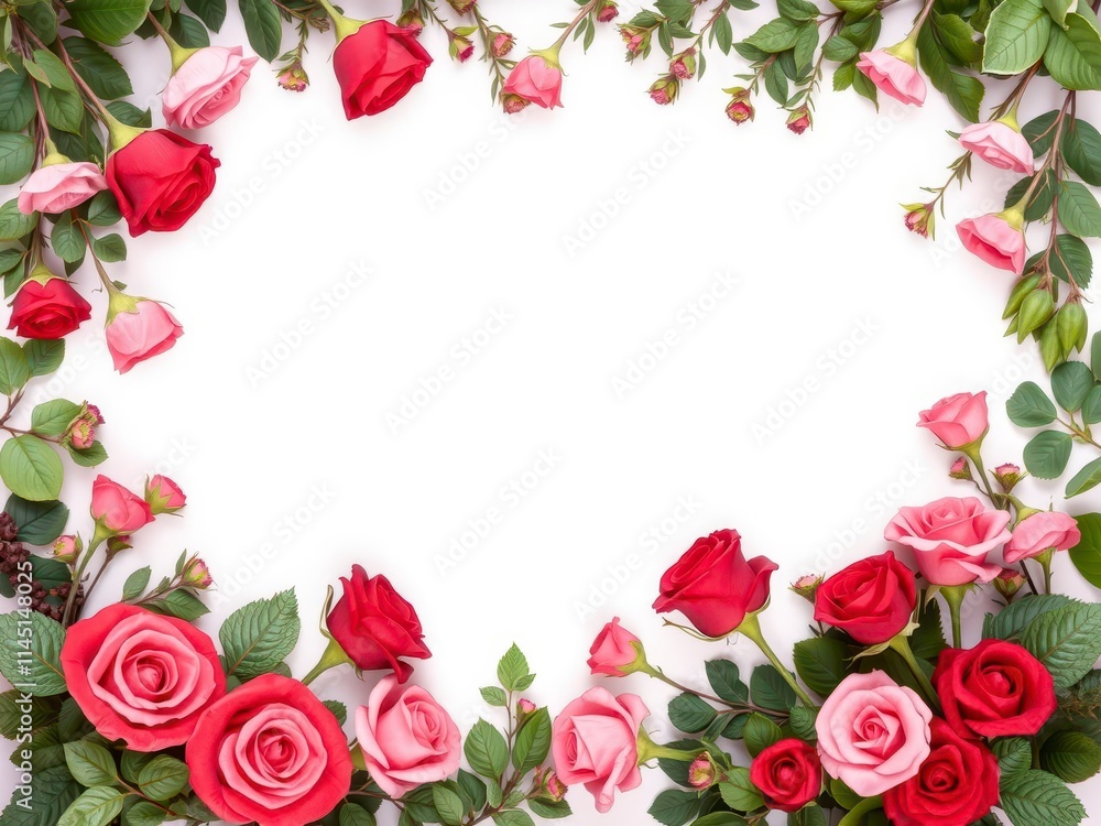 A beautiful frame of rose flowers with green leaves, green, leaves A beautiful frame of rose flowers with green leaves, green, leaves