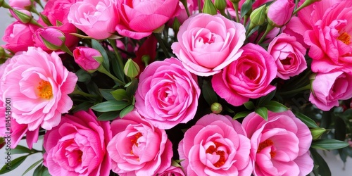 Fototapeta Naklejka Na Ścianę i Meble -  A beautiful arrangement of fresh pink peonies and roses with empty space for text, nature, vibrant, pink