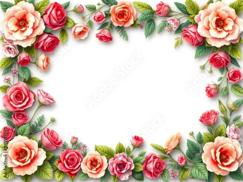 A beautiful frame made of delicate rose flowers and leaves, border, roses, frame