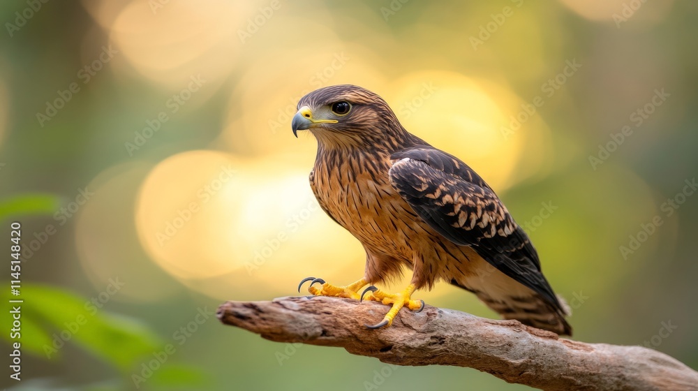 Falcon resting on a branch with bokeh lights in the background combining sharp focus glowing highlights and a warm ambiance for wildlife and artistic photography Falcon resting on a branch with bokeh lights in the background combining sharp focus glowing highlights and a warm ambiance for wildlife and artistic photography
