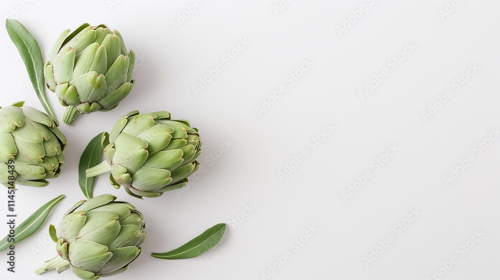 Obraz premium Fresh Artichokes on White Background, Raw Vegetables, Healthy Food, Vegan Ingredient, Copy Space, Food Photography