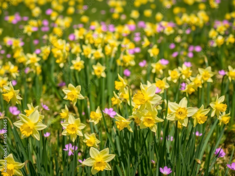 Bright yellow daffodil flowers blooming in a vast field under the clear blue sky, nature, yellow Bright yellow daffodil flowers blooming in a vast field under the clear blue sky, nature, yellow