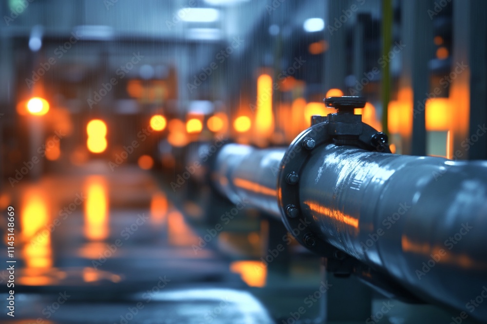 Industrial scene with pipes and warm lighting in a factory setting. Industrial scene with pipes and warm lighting in a factory setting.