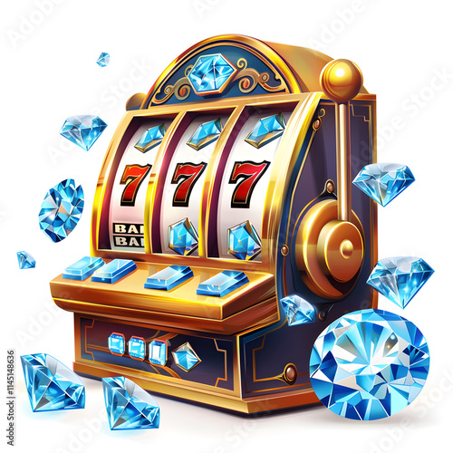 Experience the thrilling slot machine adorned with dazzling diamonds, featuring the coveted 777 jackpot. Ideal for stock media related to casino, gambling, and luxury themes
