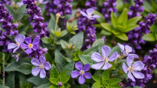 A close-up shot of vibrant purple flower petals and delicate leaves, floral, plant, bloom