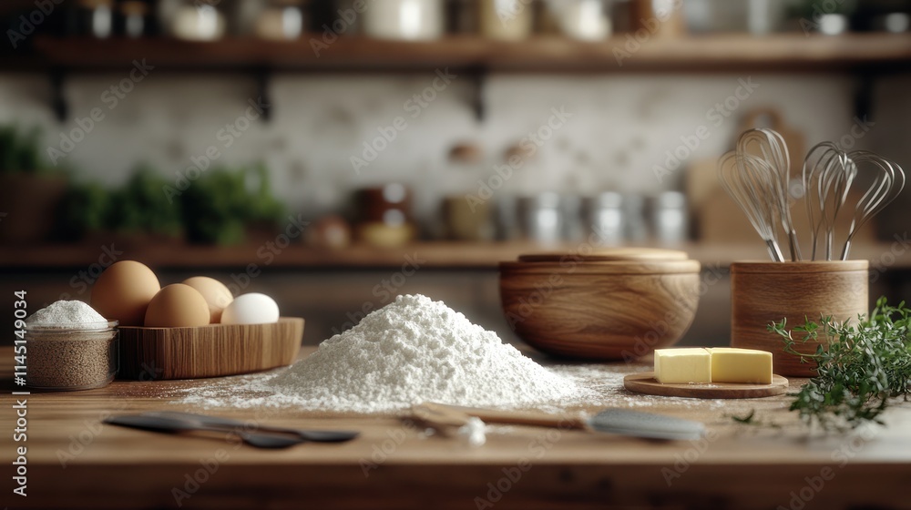 Baking ingredients on a wooden table. Baking ingredients on a wooden table.