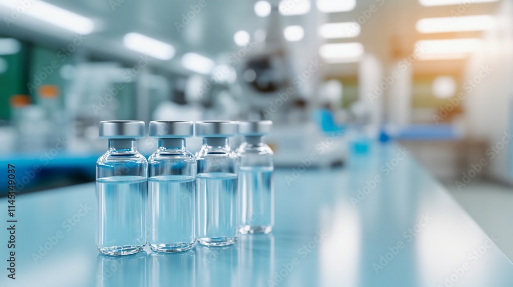 A row of clear vials filled with liquid in a laboratory setting. A row of clear vials filled with liquid in a laboratory setting.