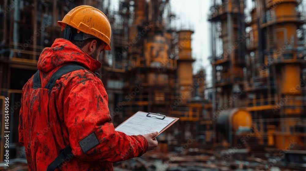 A worker in a hard hat reviews a checklist in an industrial setting. A worker in a hard hat reviews a checklist in an industrial setting.