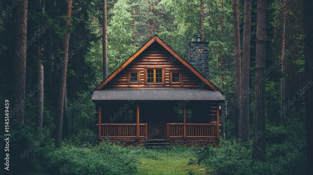 Secluded wooden cabin nestled in a lush green forest. Secluded wooden cabin nestled in a lush green forest.