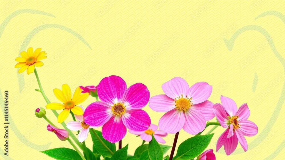 Fototapeta premium Colorful spring flowers on a textured paper background, beauty, bloom, botanical
