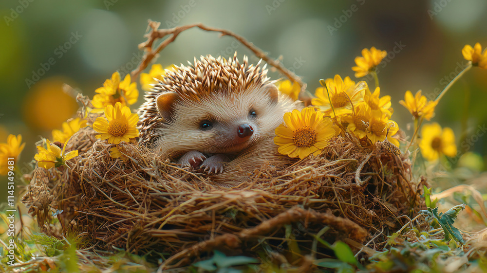 A cute baby hedgehog curled up in a nest of soft grass and wildflowers, A cute baby hedgehog curled up in a nest of soft grass and wildflowers,