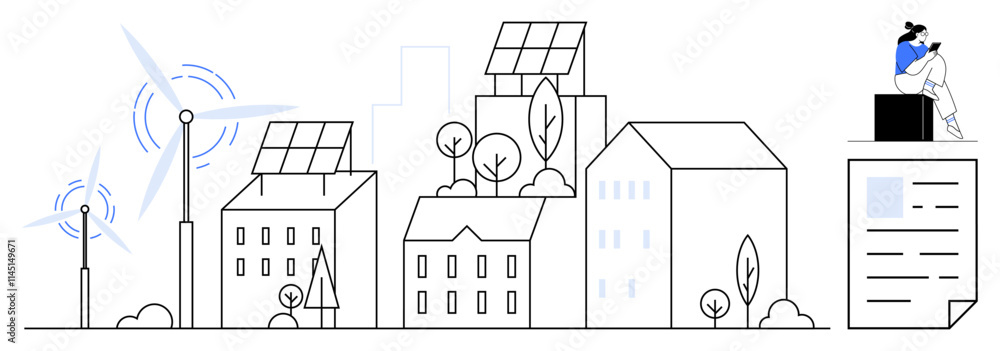 Buildings equipped with solar panels and surrounding wind turbines generate green energy while trees enhance urban greenery. Ideal for sustainability, green energy, smart cities, urban planning Buildings equipped with solar panels and surrounding wind turbines generate green energy while trees enhance urban greenery. Ideal for sustainability, green energy, smart cities, urban planning