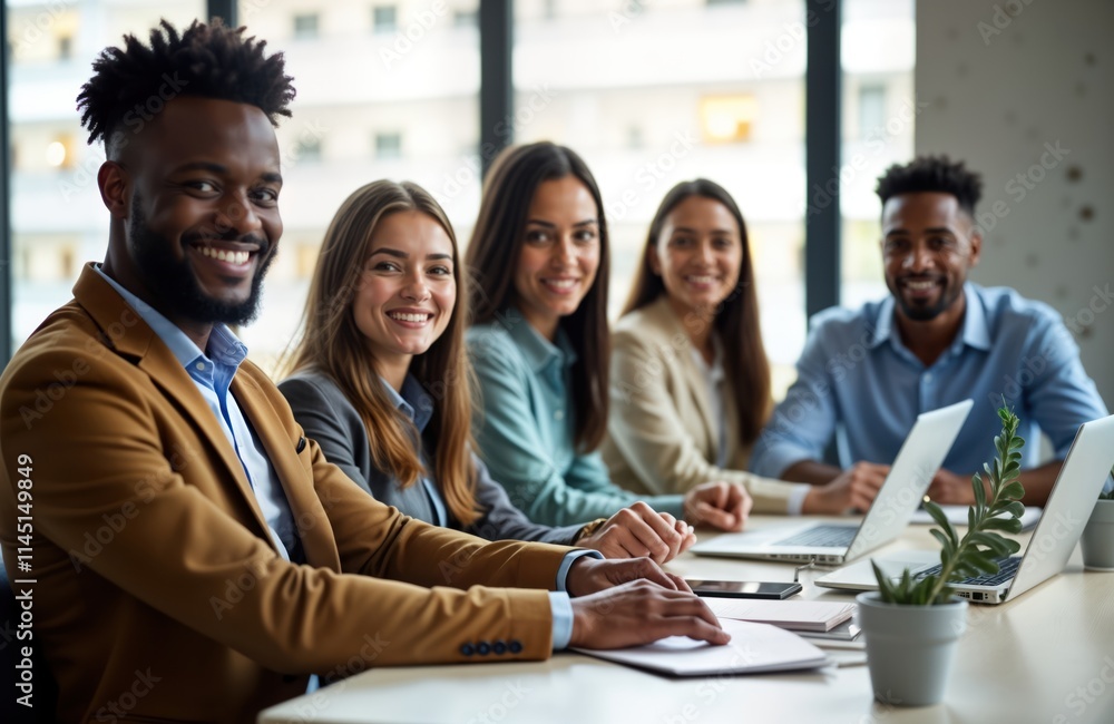 Fototapeta premium African businessman, diverse businesspeople sit in modern office during meeting. Focused, engaged in collaborative discussion. Image embodies teamwork, diversity in workplace. Smiling, appear happy,