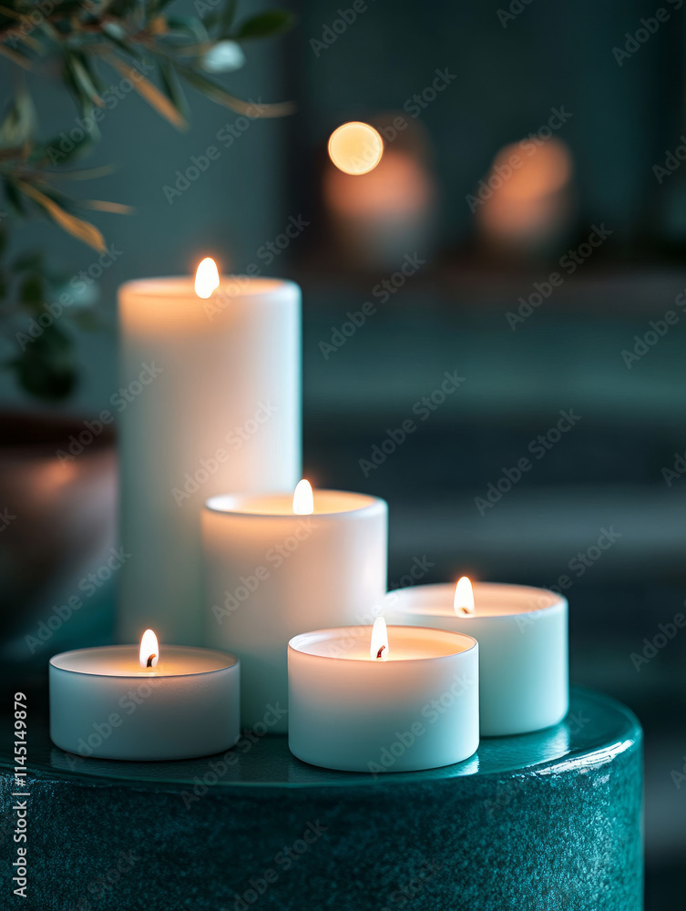 Lit candles on a table creating a calming atmosphere Lit candles on a table creating a calming atmosphere