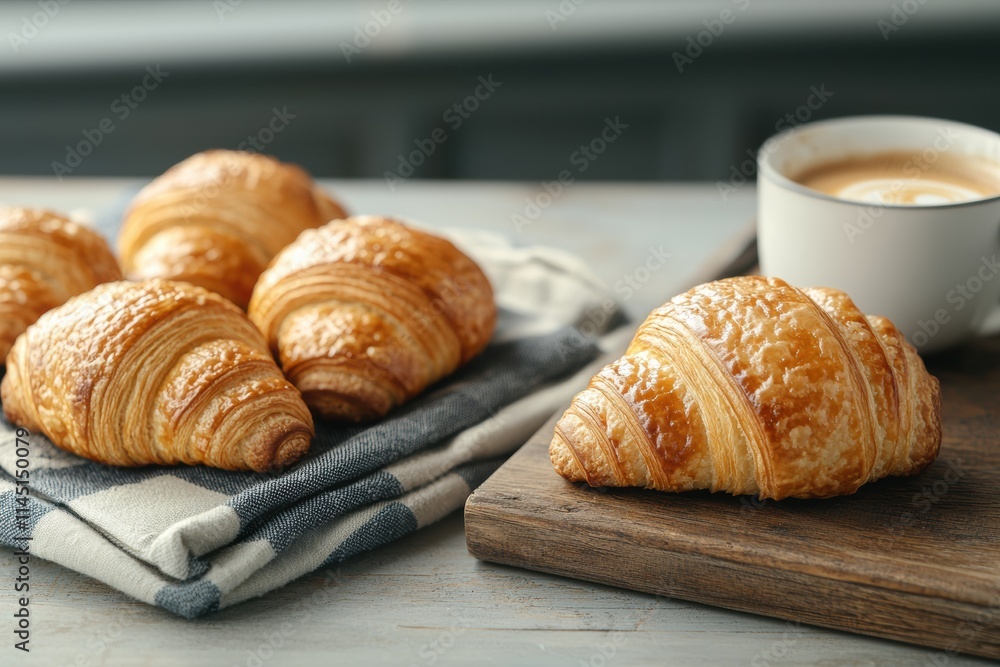 Freshly baked croissants and latte art coffee creating cozy bakery scene Freshly baked croissants and latte art coffee creating cozy bakery scene
