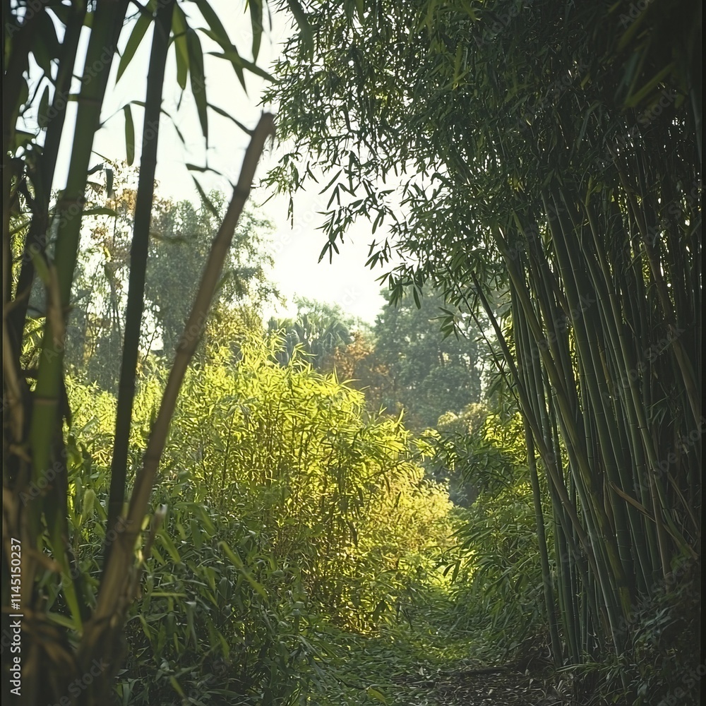 Naklejka premium Lush bamboo pathway leading into a vibrant green forest.
