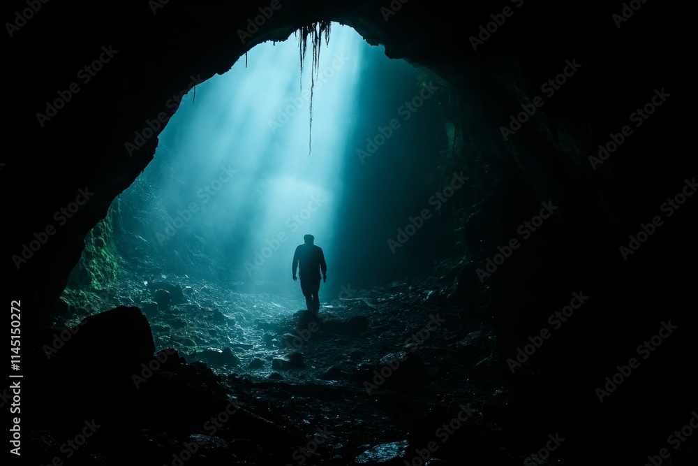 Fototapeta premium Silhouetted figure walks towards light in dark cave.