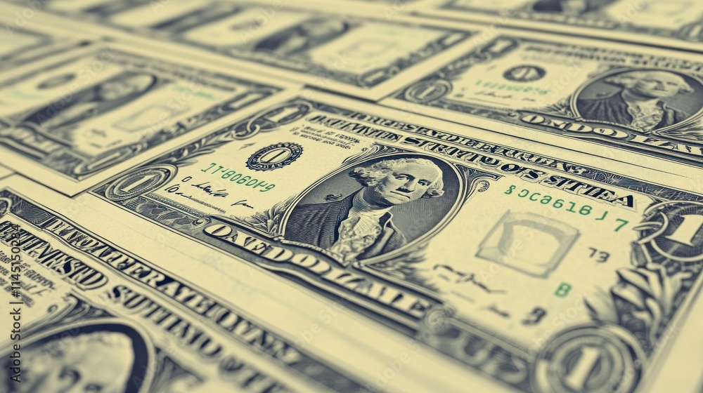 Close-up of numerous one-dollar bills arranged in a pattern. Close-up of numerous one-dollar bills arranged in a pattern.