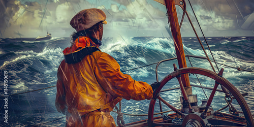Sailor Steering Sailboat in Stormy Sea
